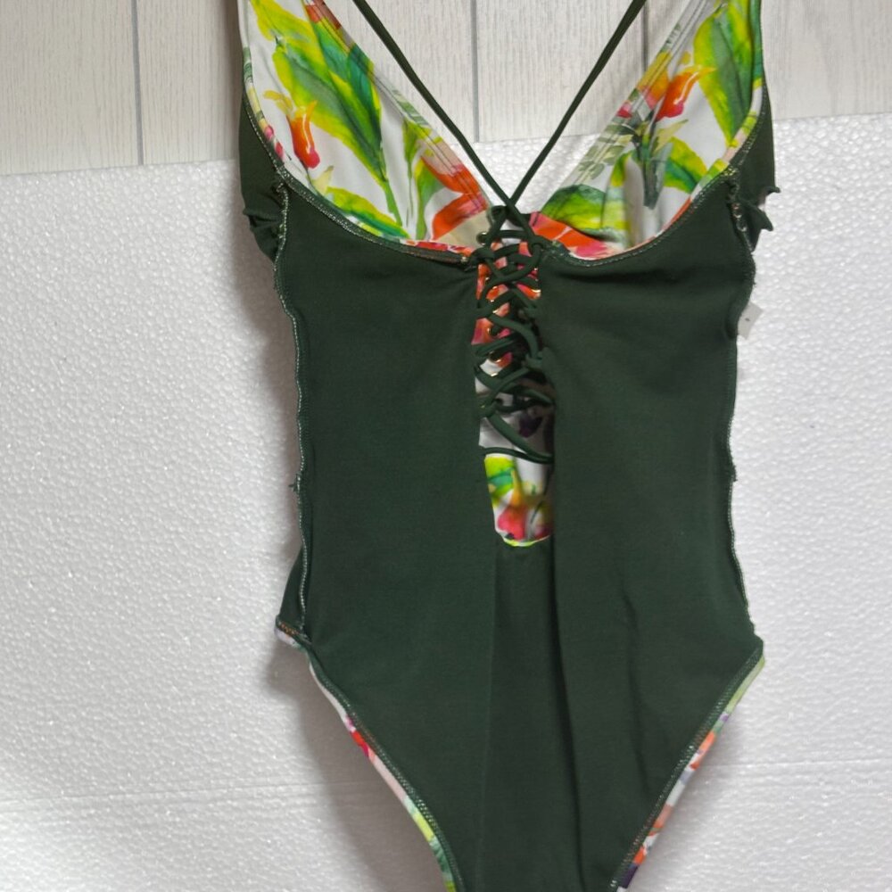 TINIBIKINI Watercolour Tropical Print & Sage Green REVERSIBLE One Piece Swimsuit - Picture 7 of 8